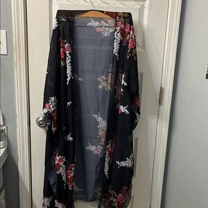 Sheer Open-Front Floral Tunic Kimono in Black with Pink & White Flowers